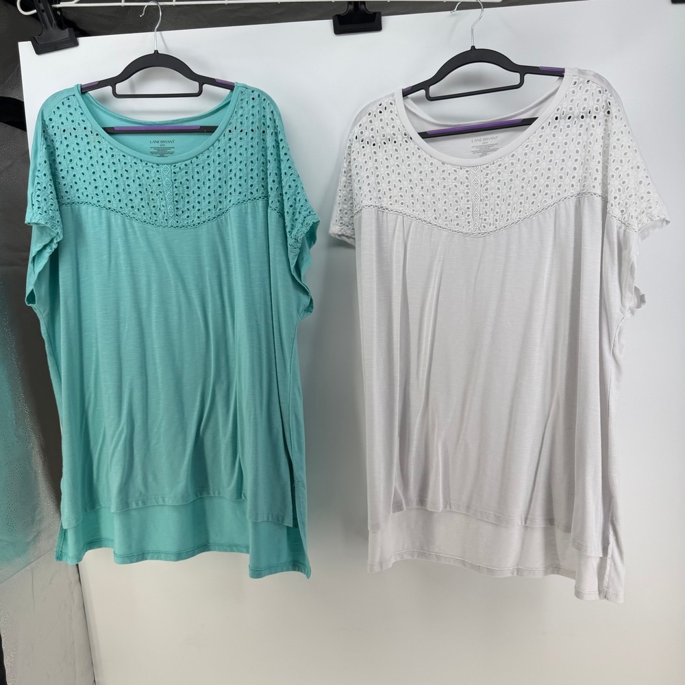 Lane Bryant T-Shirt Womens 22/24 Teal White Eyelet Lace Yoke 2-Pack Boho Casual